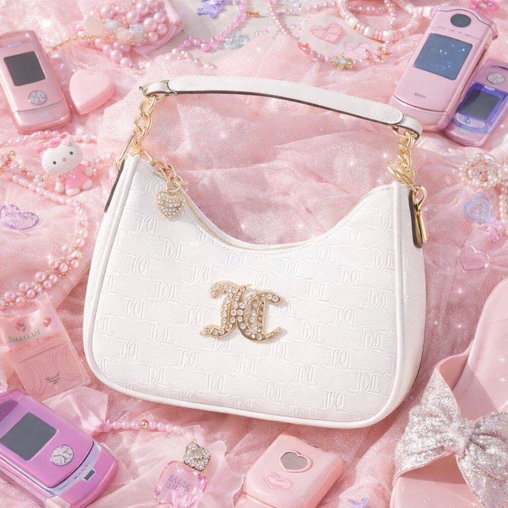 Juicy Couture White Embossed Logo Shoulder Bag NWT JC Rhinestone Purse Y2K